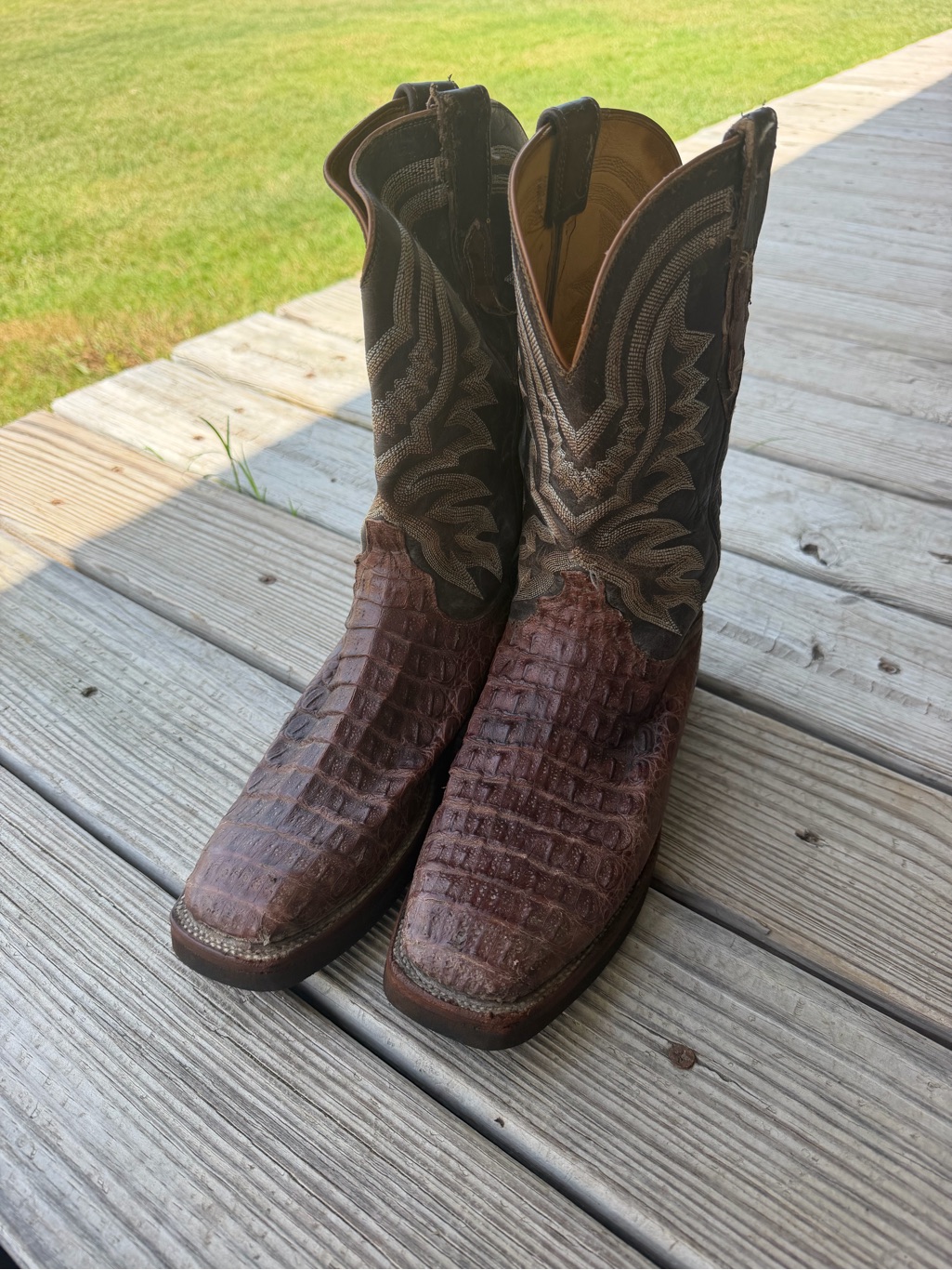 Lucchese Men's Barrel Brown And Chocolate Caiman Tail Wide Square Toe Exotic